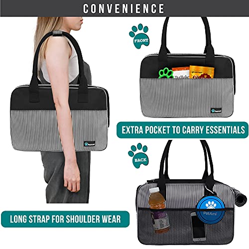 PetAmi Airline Approved Dog Purse Carrier | Soft-Sided Pet Carrier for Small Dog, Cat, Puppy, Kitten | Portable Stylish Pet Travel Handbag | Ventilated Breathable Mesh, Sherpa Bed (Stripe Black)