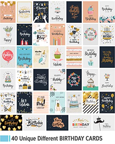 Happy Birthday Cards Assortment - Bday Cards in Bulk - 5x7 Assorted Variety Box Set 40 Pack Unique Designs with Envelopes - Birthday Card for Men Women Kids - for Office - Greeting Message Inside