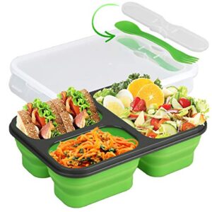 coreslux collapsible silicone bento lunch box for adult, 3 compartment eco foldable lunch food container kit, bpa free, safe in microwave, dishwasher & freezer (green)