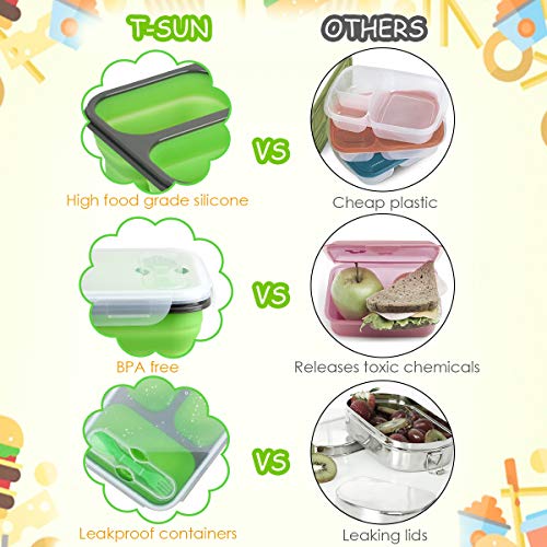 CORESLUX Collapsible Silicone Bento Lunch Box for Adult, 3 Compartment Eco Foldable Lunch Food Container Kit, BPA Free, Safe in Microwave, Dishwasher & Freezer (Green)