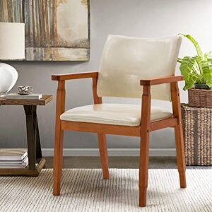 nob mid-century dining side chair with faux leather seat in beige, handrail chair