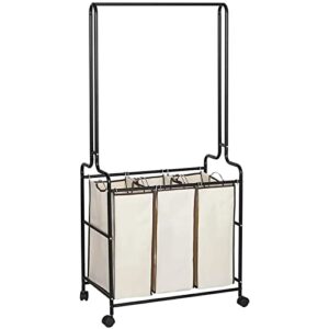 laundry sorter cart 3 section with hanging bar heavy duty laundry basket on wheels rolling laundry hamper with removable bags