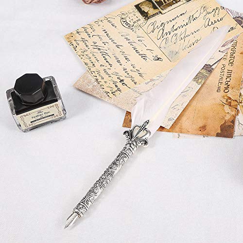 Bewinner Feather Pen, European Vintage Feather Pen for Writing with Ink Pen Support, Ink and Letter for Personal Use and Gift(White)