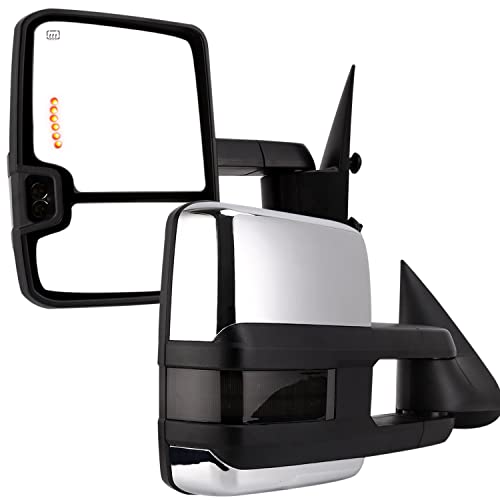 Perfit Zone Towing Mirrors Power Heat for 1999 2000 2001 2002 Silverado Sierra Pickup w/Backup Light,On Back Side Smoke Signal Light Chrome Cover.LED Signal Light Side Mirrors