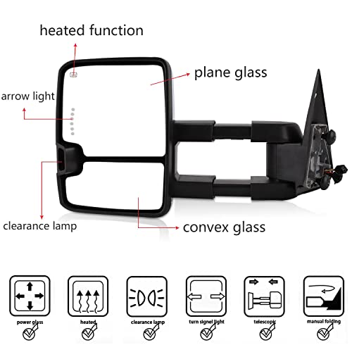 Perfit Zone Towing Mirrors Power Heat for 1999 2000 2001 2002 Silverado Sierra Pickup w/Backup Light,On Back Side Smoke Signal Light Chrome Cover.LED Signal Light Side Mirrors