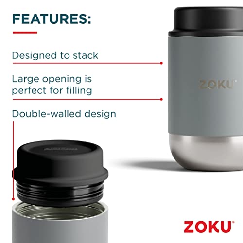 ZOKU - Insulated Food Canister, Wide Mouth Food Jar, Lightweight, Stainless Steel, Leakproof Thermos, Easy to Clean, BPA Free, For Adults and Kids (Silver) (16oz)