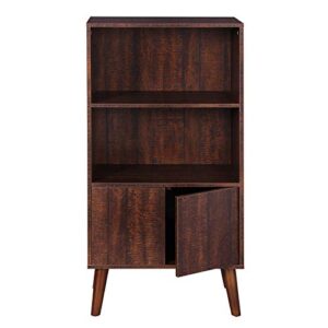 vasagle, walnut bookcase, 3-tier retro bookshelf with doors, storage cabinet for books, photos, decorations in living room, office, study, mid-century style, ulbc09by