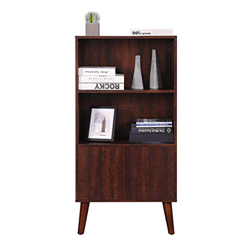 VASAGLE, Walnut Bookcase, 3-Tier Retro Bookshelf with Doors, Storage Cabinet for Books, Photos, Decorations in Living Room, Office, Study, Mid-Century Style, ULBC09BY