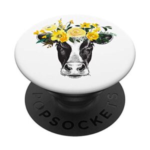 cute funny cow head yellow floral rose green leaf bouquet popsockets popgrip: swappable grip for phones & tablets