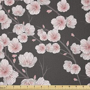 ambesonne cherry blossom fabric by the yard, fresh nature theme branches with blooms and buds rustic japanese, stretch knit fabric for clothing sewing and arts crafts, 1 yard, brown white