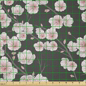 Ambesonne Cherry Blossom Fabric by The Yard, Fresh Nature Theme Branches with Blooms and Buds Rustic Japanese, Stretch Knit Fabric for Clothing Sewing and Arts Crafts, 1 Yard, Brown White