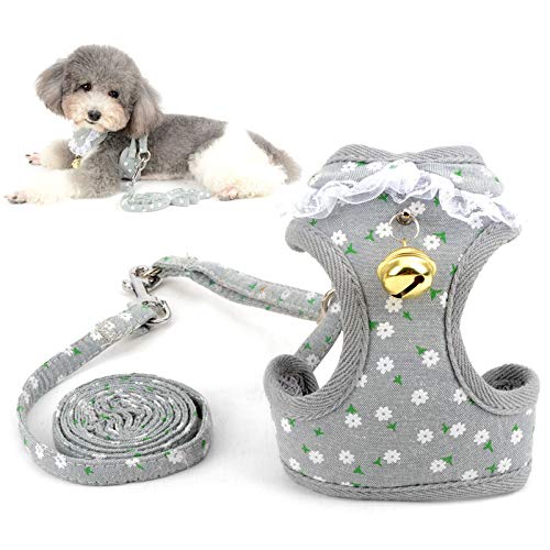 Lace Trim Collar Bell Girls Small Dog Vest Harness and Leash Set for Walking Escape Proof Kitten Cat Harness No Pull Soft Mesh Padded Adjustble Puppy Summer Clothes,Grey Flowers,Medium