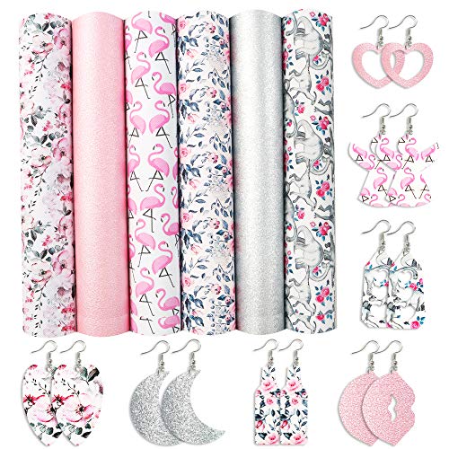 David accessories Flamingo Floral Printed Faux Leather Fabric Sheets Vivid Pearl Light Solid Color 6 Pcs 7.7" x 12.9" (20 cm x 33 cm) for DIY Bows Earrings Making (Animal and Floral)