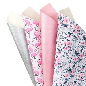 David accessories Flamingo Floral Printed Faux Leather Fabric Sheets Vivid Pearl Light Solid Color 6 Pcs 7.7" x 12.9" (20 cm x 33 cm) for DIY Bows Earrings Making (Animal and Floral)