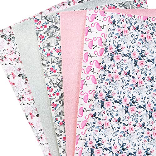 David accessories Flamingo Floral Printed Faux Leather Fabric Sheets Vivid Pearl Light Solid Color 6 Pcs 7.7" x 12.9" (20 cm x 33 cm) for DIY Bows Earrings Making (Animal and Floral)