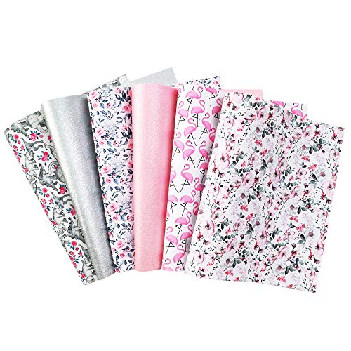 David accessories Flamingo Floral Printed Faux Leather Fabric Sheets Vivid Pearl Light Solid Color 6 Pcs 7.7" x 12.9" (20 cm x 33 cm) for DIY Bows Earrings Making (Animal and Floral)