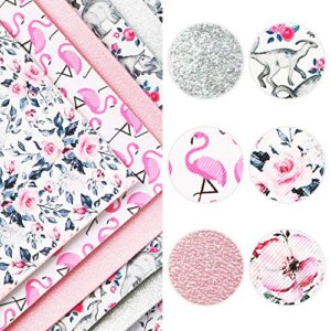 David accessories Flamingo Floral Printed Faux Leather Fabric Sheets Vivid Pearl Light Solid Color 6 Pcs 7.7" x 12.9" (20 cm x 33 cm) for DIY Bows Earrings Making (Animal and Floral)