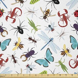 ambesonne animals fabric by the yard, colorful insects butterfly caterpillar scorpion and spiders nature illustration, stretch knit fabric for clothing sewing and arts crafts, 1 yard, white