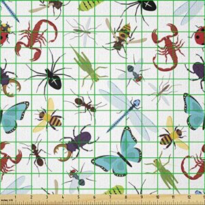 Ambesonne Animals Fabric by The Yard, Colorful Insects Butterfly Caterpillar Scorpion and Spiders Nature Illustration, Stretch Knit Fabric for Clothing Sewing and Arts Crafts, 1 Yard, White