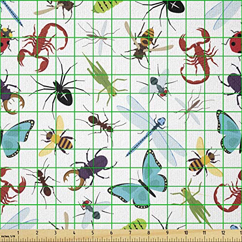 Ambesonne Animals Fabric by The Yard, Colorful Insects Butterfly Caterpillar Scorpion and Spiders Nature Illustration, Stretch Knit Fabric for Clothing Sewing and Arts Crafts, 1 Yard, White