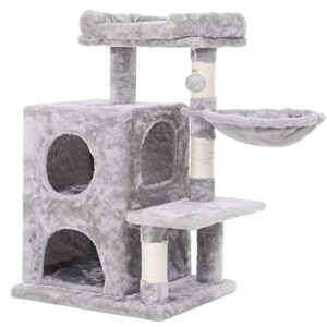 bewishome cat tree condo with sisal scratching posts, plush perch, dual houses and basket, cat tower furniture kitty activity center kitten play house, light grey mmj06l