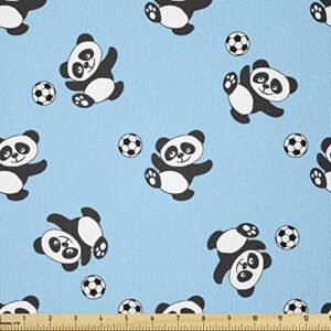 ambesonne soccer fabric by the yard, panda player kicking a ball boys design fun animal pattern, stretch knit fabric for clothing sewing and arts crafts, 1 yard, blue white