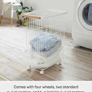 Yamazaki Home Wire Slim Saving Rolling Wheeled Clothing Hamper | Steel + Wood | Laundry Basket, One Size, White