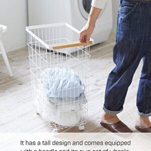 Yamazaki Home Wire Slim Saving Rolling Wheeled Clothing Hamper | Steel + Wood | Laundry Basket, One Size, White