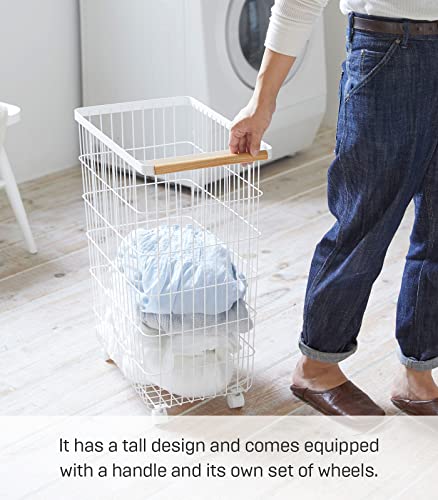 Yamazaki Home Wire Slim Saving Rolling Wheeled Clothing Hamper | Steel + Wood | Laundry Basket, One Size, White