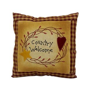 cvhomedeco. primitives country welcome embroidered throw pillow with heart star berry vine farmhouse accent. 11 x 11 inch