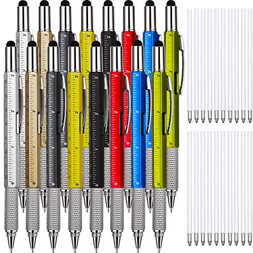 Zhanmai 16 Pieces Gift Pen Tool Pen 6 in 1 Multitool Tech Tool Pen with Ruler, Levelgauge, Ballpoint Pen and Pen Refills, Unique Gifts for Men (Multi-color)