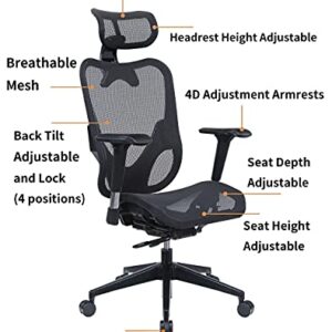 Mesh3 Hyper GTR Ergonomic Office Chair Premium Mesh Seat with Back Support Gaming Chair Fully Adjustable Headrest, Backrest and 4D Armrests for Great Posture BIFMA Black Color HY-105BK