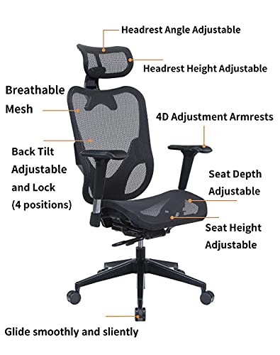 Mesh3 Hyper GTR Ergonomic Office Chair Premium Mesh Seat with Back Support Gaming Chair Fully Adjustable Headrest, Backrest and 4D Armrests for Great Posture BIFMA Black Color HY-105BK
