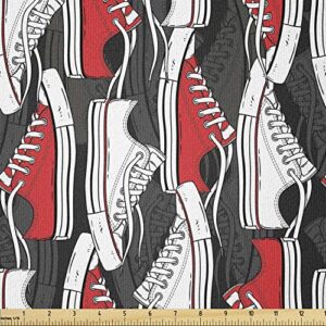 ambesonne retro fabric by the yard, old school shoes pattern sneakers nineties casual clothing cartoon, stretch knit fabric for clothing sewing and arts crafts, 1 yard, vermilion white