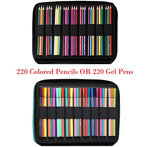BOMKEE Coloring Pencil Case 220 Slots Pencils/Gel Pens Organizer Waterproof Travel Case Zipper Carrying Portable Pencil Markers Pen Holder Bag for Painter Writers