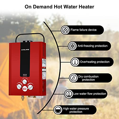 Tankless Water Heater, GASLAND Outdoors BE158R 1.58GPM 6L Portable Gas Water Heater, Instant Propane Water Heater, Overheating Protection, Easy to Install, for RV Cabin Barn Camping Boat, Red