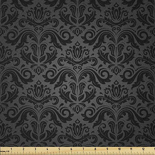 Ambesonne Dark Grey Fabric by The Yard Black Damask and Floral Elements Oriental Antique Classcial Decorative Design Ornament Stretch Knit Fabric for Clothing Sewing and Arts Crafts 2 Yards Grey Black