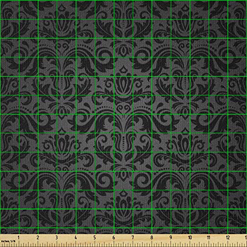 Ambesonne Dark Grey Fabric by The Yard Black Damask and Floral Elements Oriental Antique Classcial Decorative Design Ornament Stretch Knit Fabric for Clothing Sewing and Arts Crafts 2 Yards Grey Black