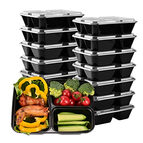 SMELHA 37oz Meal Prep Containers 3 Compartments [30 Pack], Reusable Lunch Food Containers With Lids, BPA Free Food Storage Bento Box Set for Adults & kids, Spill Proof, Microwave Dishwasher Free