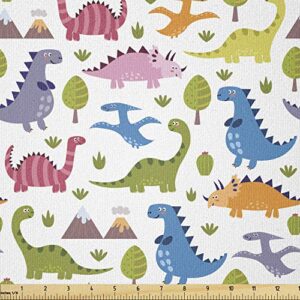 ambesonne dino fabric by the yard, cartoon style colorful dinosaurs t-rex triceratops prehistoric reptile wildlife, stretch knit fabric for clothing sewing and arts crafts, 1 yard, blue green