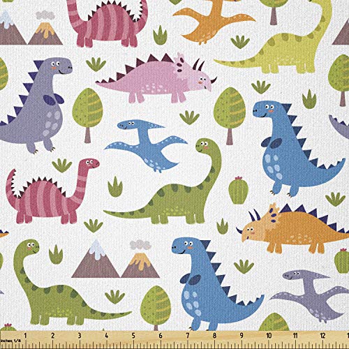 Ambesonne Dino Fabric by The Yard, Cartoon Style Colorful Dinosaurs T-Rex Triceratops Prehistoric Reptile Wildlife, Stretch Knit Fabric for Clothing Sewing and Arts Crafts, 1 Yard, Blue Green