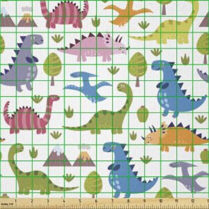 Ambesonne Dino Fabric by The Yard, Cartoon Style Colorful Dinosaurs T-Rex Triceratops Prehistoric Reptile Wildlife, Stretch Knit Fabric for Clothing Sewing and Arts Crafts, 1 Yard, Blue Green