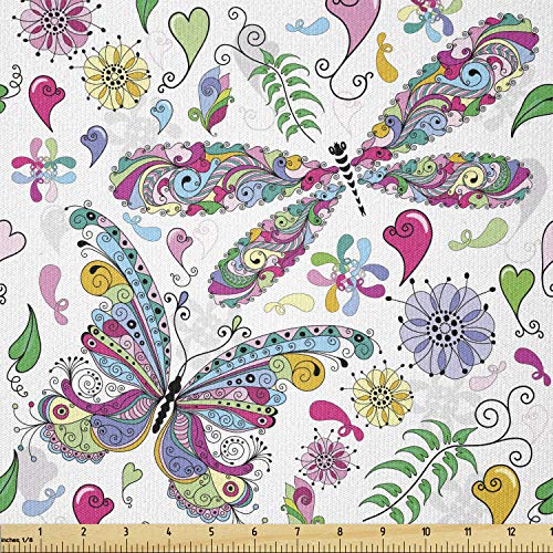 Ambesonne Dragonfly Fabric by The Yard, Butterfly Dragonfly Paisley Complex Motifs with Diverse Lines Art Image, Stretch Knit Fabric for Clothing Sewing and Arts Crafts, 1 Yard, Multicolor