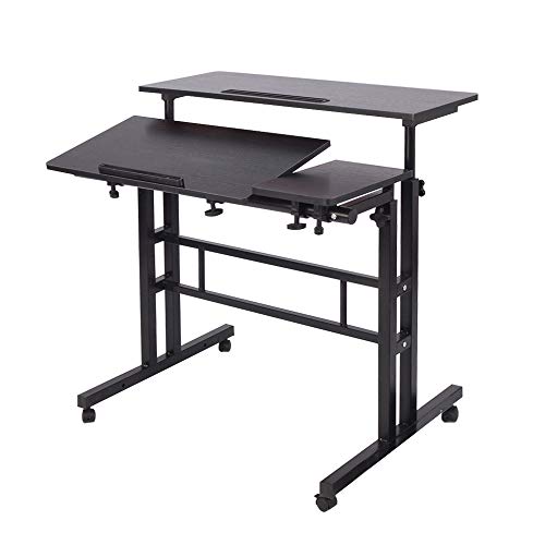 DlandHome Adjustable Rolling Desk Standing Desk, Sit-Stand Desk Cart Mobile Computer Desk Stand Up Desk Office Desk Riser Standing Table Workstation Mobile Desk, Black