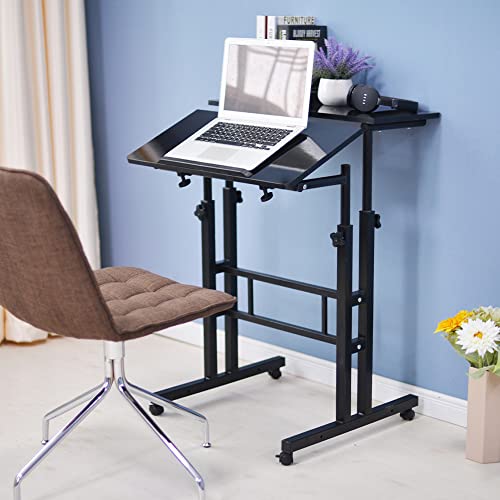 DlandHome Adjustable Rolling Desk Standing Desk, Sit-Stand Desk Cart Mobile Computer Desk Stand Up Desk Office Desk Riser Standing Table Workstation Mobile Desk, Black