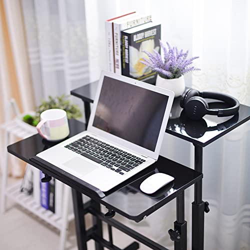 DlandHome Adjustable Rolling Desk Standing Desk, Sit-Stand Desk Cart Mobile Computer Desk Stand Up Desk Office Desk Riser Standing Table Workstation Mobile Desk, Black