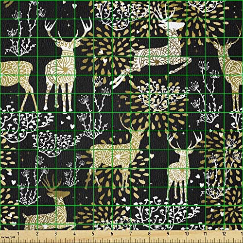 Ambesonne Christmas Fabric by The Yard, Nature Woodland and Deer Silhouettes with Oriental Ornaments Design, Stretch Knit Fabric for Clothing Sewing and Arts Crafts, 2 Yards, Yellow White