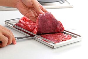 precision meats beef jerky slicer kit - superior 10" butchers carving knife & meat slicing cutting board for safe, mouthwatering, uniform slices - adjustable thickness - dishwasher safe jerky maker