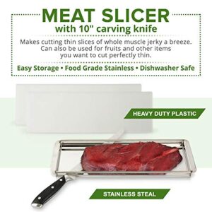 PRECISION MEATS Beef Jerky Slicer Kit - Superior 10" Butchers Carving Knife & Meat Slicing Cutting Board for Safe, Mouthwatering, Uniform Slices - Adjustable Thickness - Dishwasher Safe Jerky Maker