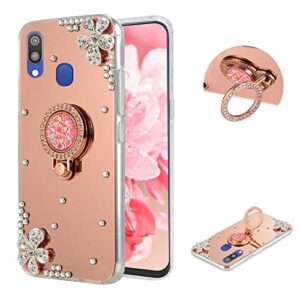 lchda for samsung galaxy a20/a30 case mirror rose gold with ring kickstand glitter sparkle rhinestone diamond flower makeup cover with finger holder grip for samsung galaxy a20/a30